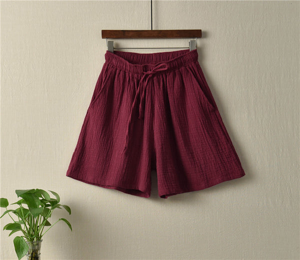 Simple Women Wrinkle Linen and Cotton Wide Thigh Opening Shorts