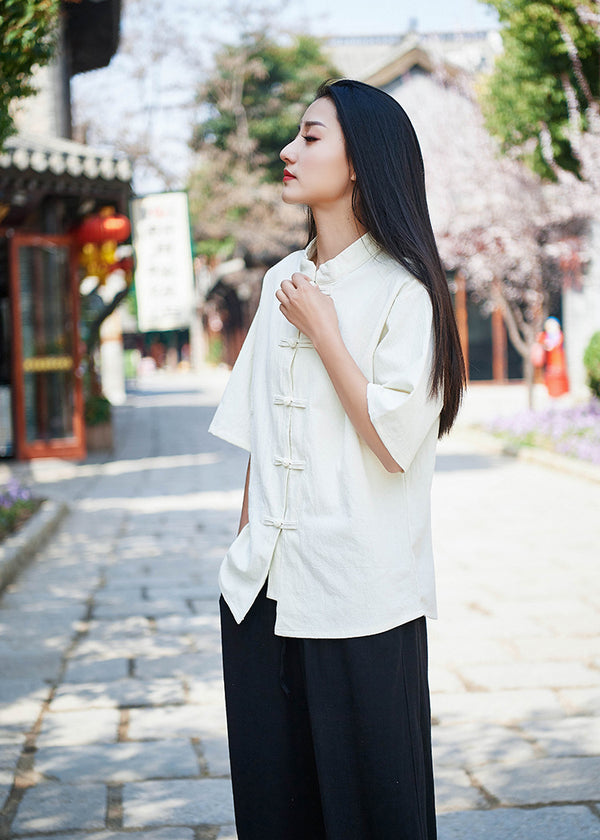 Retro Asian Style Linen and Cotton Pure Color Women Short Sleeve Cardigan Blouses