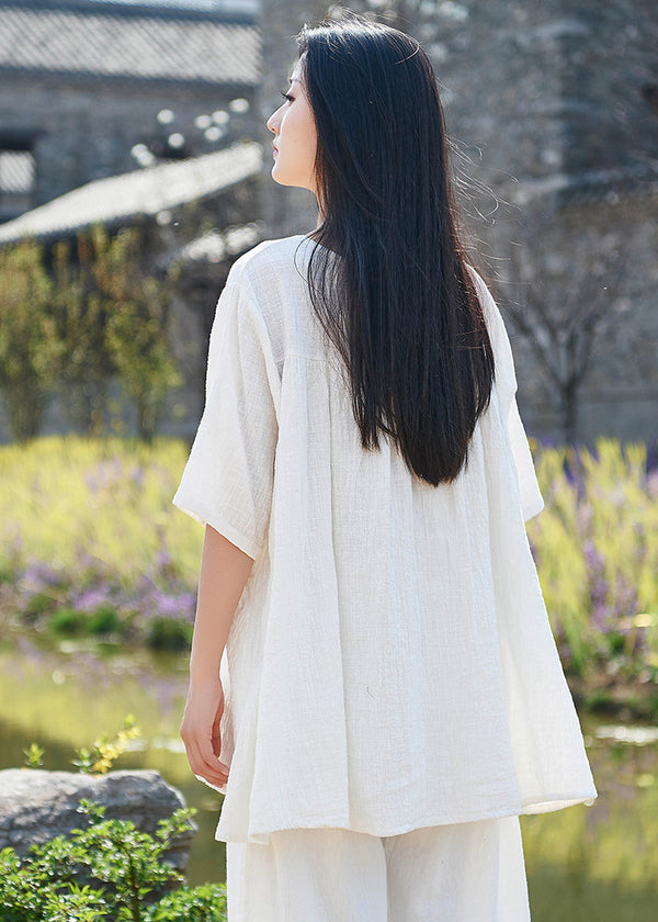 Pure Color Asian Style Women Half Sleeve Linen and Cotton Blouses