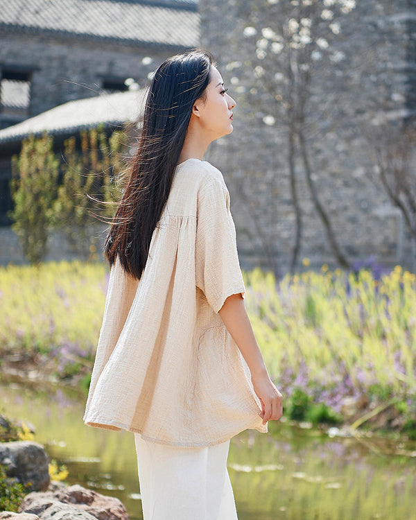 Pure Color Asian Style Women Half Sleeve Linen and Cotton Blouses