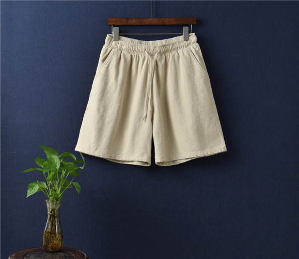 Women Natural Ramie Linen Sand Washed Wide Thigh Opening Shorts