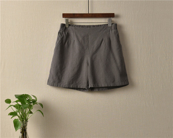 Women Simple Natural Ramie Linen Sand Washed Shorts