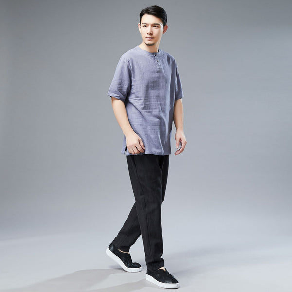 Men Simple Style Casual Light Soft Linen and Cotton Round-Neck Short Sleeved T-shirt Tops