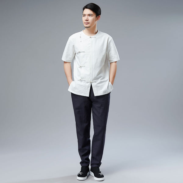 Men Retro Asian Style Water-washed Linen and Cotton Short Sleeved T-shirt Tops