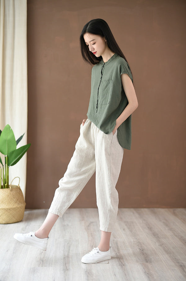 2022 Summer NEW! Women Simple Causal Lantern Style Linen and Cotton Pegged Pants