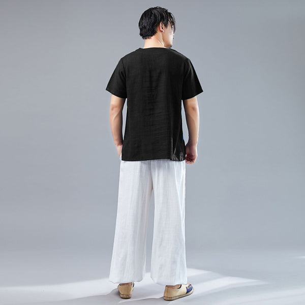 Men Asian Style Men Casual Linen and Cotton Short Sleeved T-shirt Tops