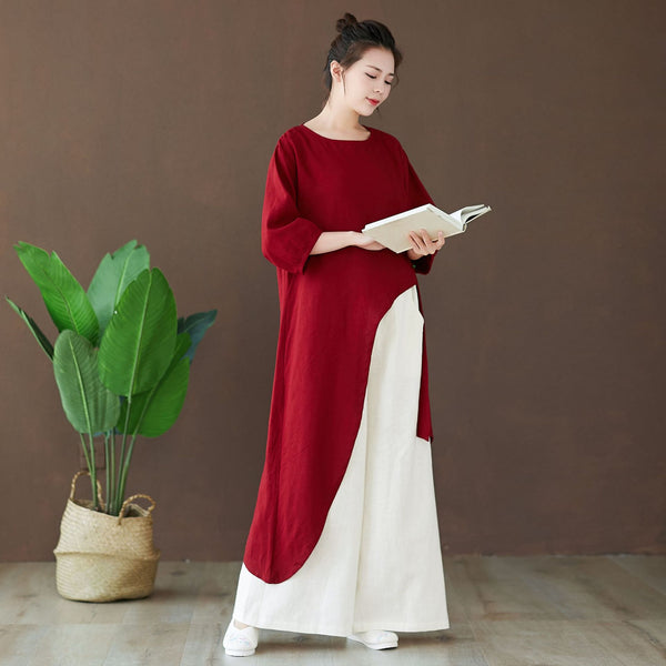 Women Modern Style Special Shaped Middle Sleeved Linen and Cotton Dress