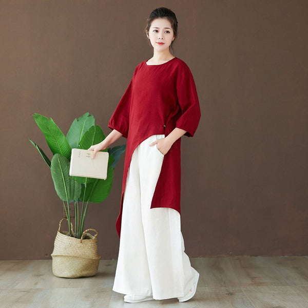 Women Modern Style Special Shaped Middle Sleeved Linen and Cotton Dress