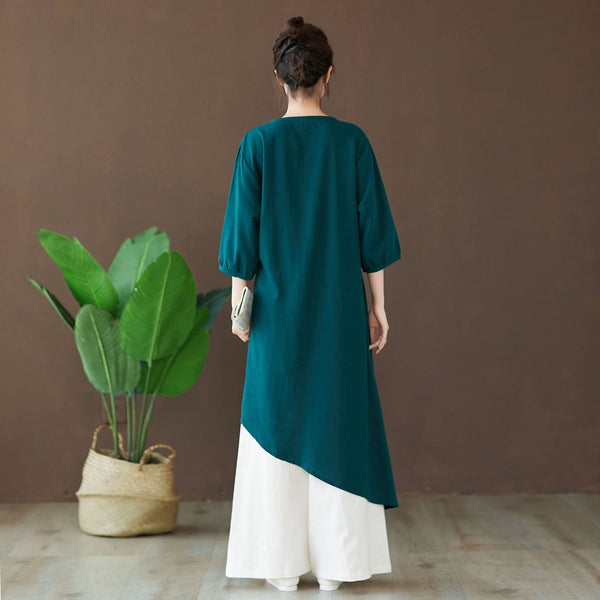 Women Modern Style Special Shaped Middle Sleeved Linen and Cotton Dress