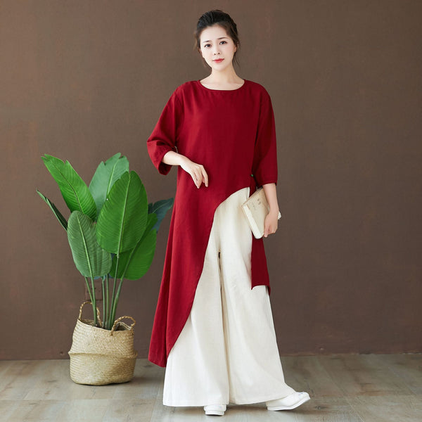 Women Modern Style Special Shaped Middle Sleeved Linen and Cotton Dress