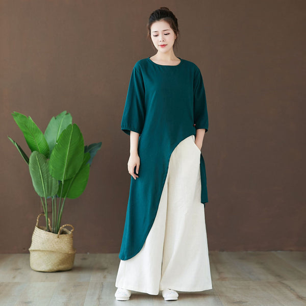 Women Modern Style Special Shaped Middle Sleeved Linen and Cotton Dress