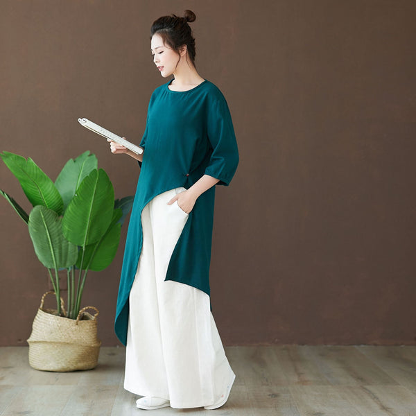 Women Modern Style Special Shaped Middle Sleeved Linen and Cotton Dress