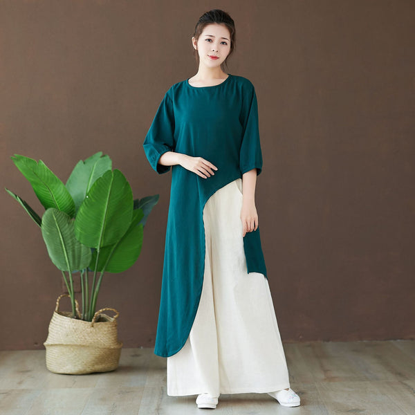 Women Modern Style Special Shaped Middle Sleeved Linen and Cotton Dress