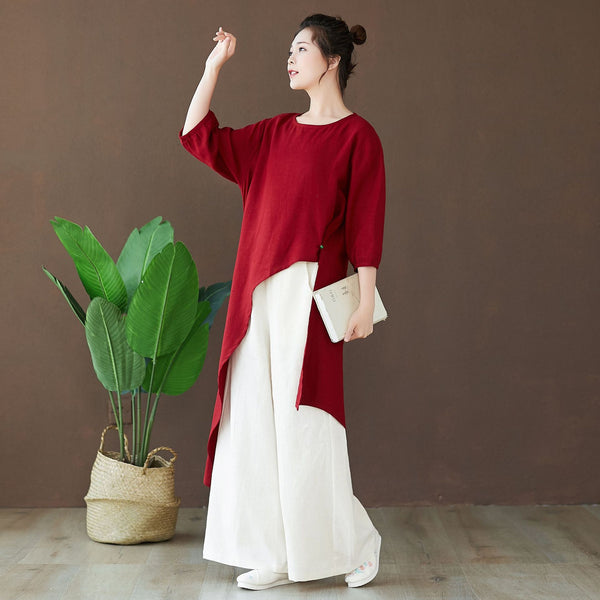 Women Modern Style Special Shaped Middle Sleeved Linen and Cotton Dress