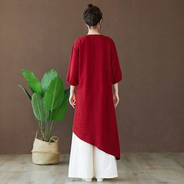 Women Modern Style Special Shaped Middle Sleeved Linen and Cotton Dress