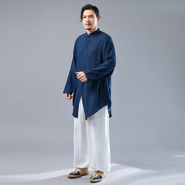 Men Tai Chi Loose Style Water-washed Linen Long Sleeved Cardigan Long Shirts