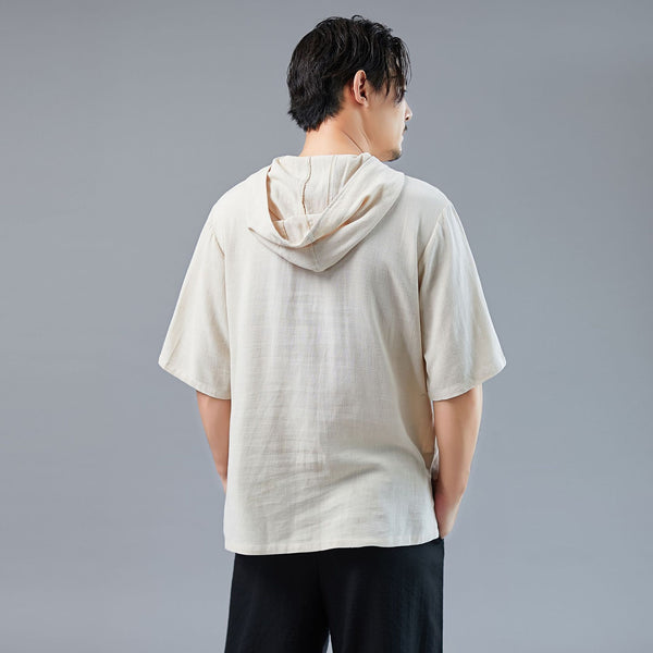 Men Linen and Cotton Pullover Middle Sleeve Tops Hoodie