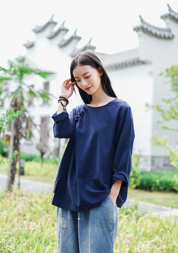 Women Retro Style Linen and Cotton Long Sleeves Light T-shirt