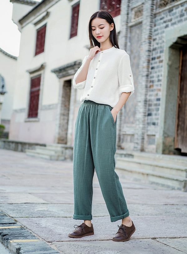 Women Simple Casual Style Light Linen and Cotton Pants