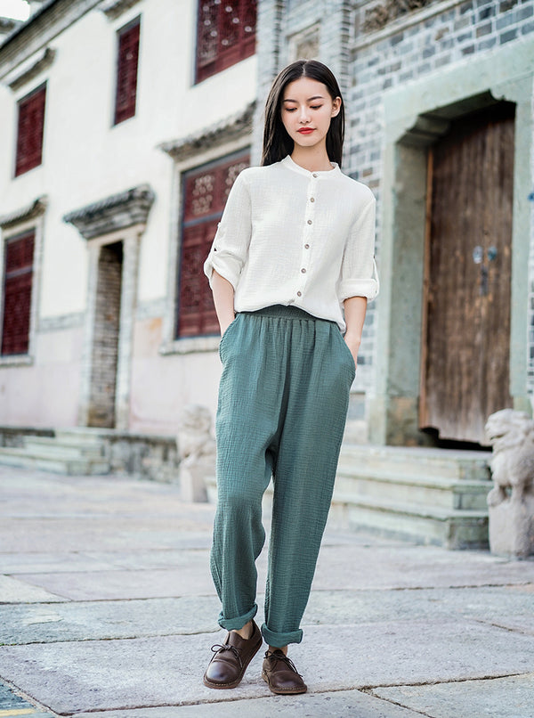 Women Simple Casual Style Light Linen and Cotton Pants