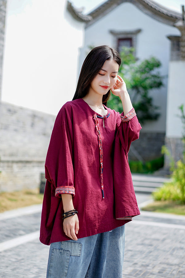 Women Asian Modern Retro Style Linen and Cotton Long Sleeve Loose T-shirt