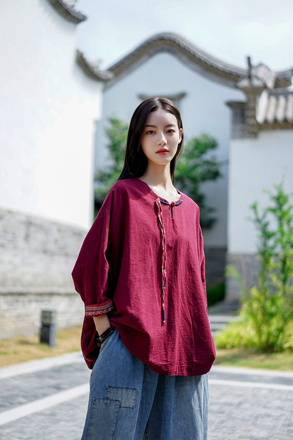 Women Asian Modern Retro Style Linen and Cotton Long Sleeve Loose T-shirt