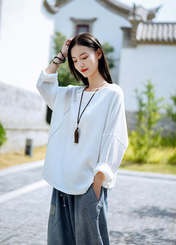 Women Simple Linen and Cotton Long Sleeves Wrinkled Light T-shirt