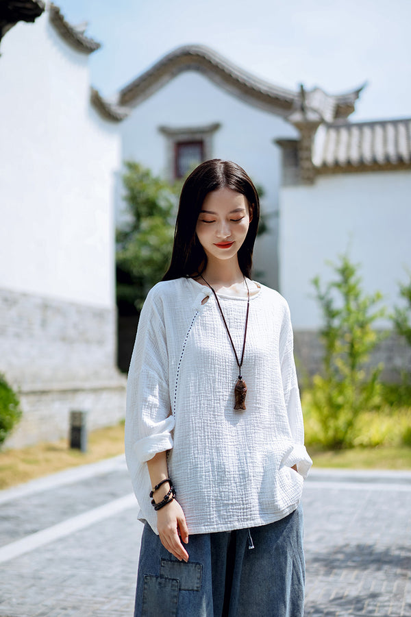 Women Simple Linen and Cotton Long Sleeves Wrinkled Light T-shirt