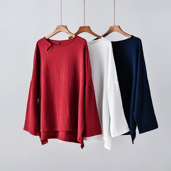 Women Simple Linen and Cotton Long Sleeves Wrinkled Light T-shirt