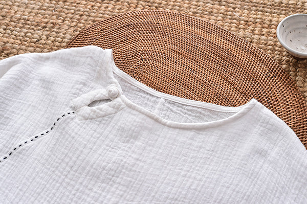 Women Simple Linen and Cotton Long Sleeves Wrinkled Light T-shirt