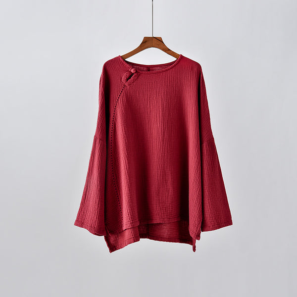 Women Simple Linen and Cotton Long Sleeves Wrinkled Light T-shirt