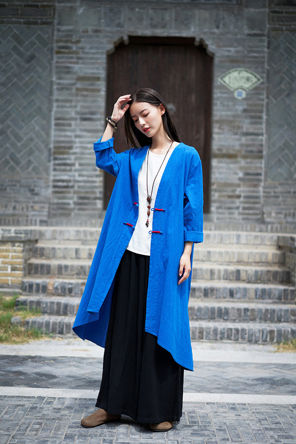 Women Retro Style Linen and Cotton Irregular Length Coat