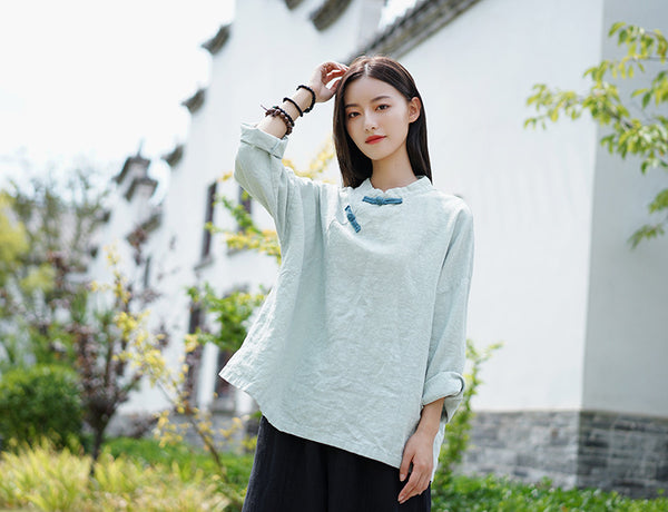 Women Asian Retro Style Linen and Cotton Long Sleeve Blouses