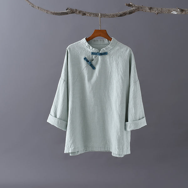 Women Asian Retro Style Linen and Cotton Long Sleeve Blouses