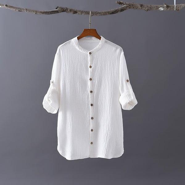 Women Classic Style Linen and Cotton Long Sleeve Wrinkled Shirt