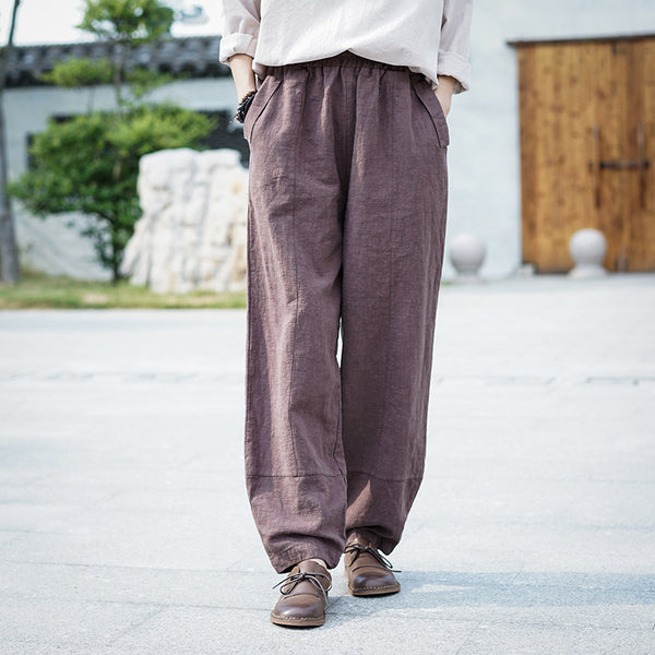 Women Retro Pure Color Linen and Cotton Lantern Pants