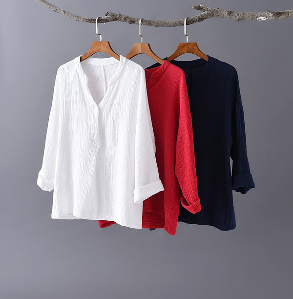 Women Causal Style Linen and Cotton Long Sleeve Wrinkled V-neck T-shirt