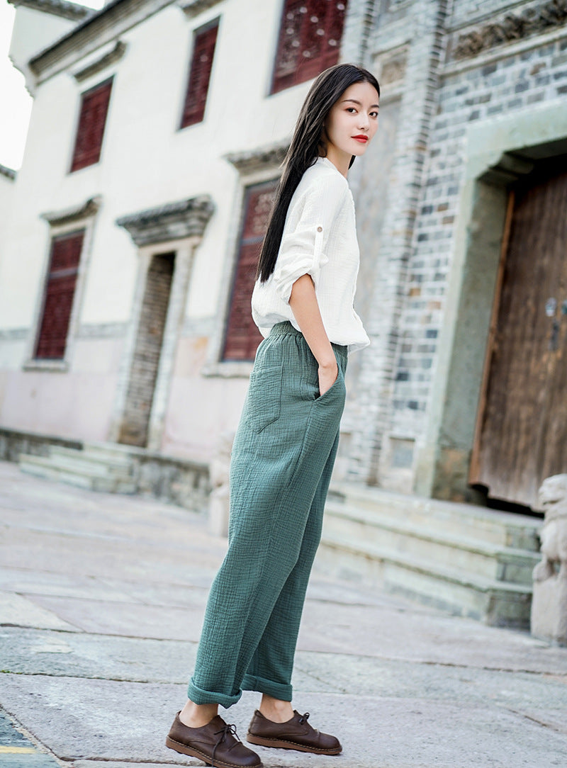 Women Simple Casual Style Light Linen and Cotton Pants