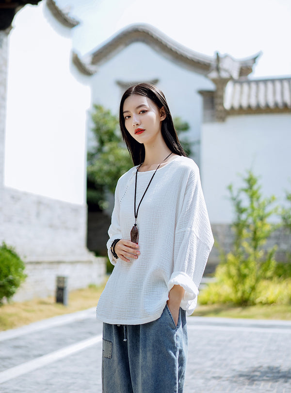 Women Simple Linen and Cotton Long Sleeves Wrinkled Light T-shirt