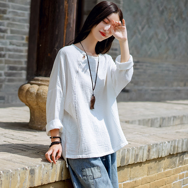 Women Simple Linen and Cotton Long Sleeves Wrinkled Light T-shirt