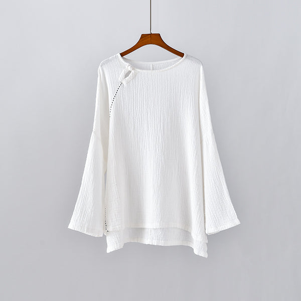 Women Simple Linen and Cotton Long Sleeves Wrinkled Light T-shirt