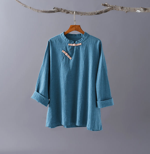 Women Asian Retro Style Linen and Cotton Long Sleeve Blouses