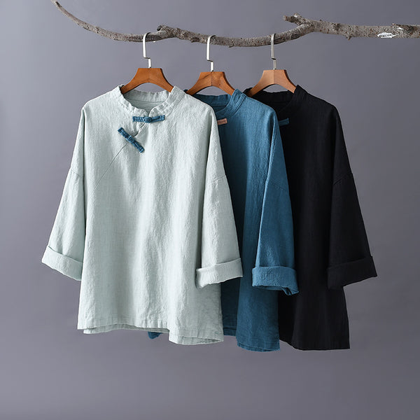 Women Asian Retro Style Linen and Cotton Long Sleeve Blouses
