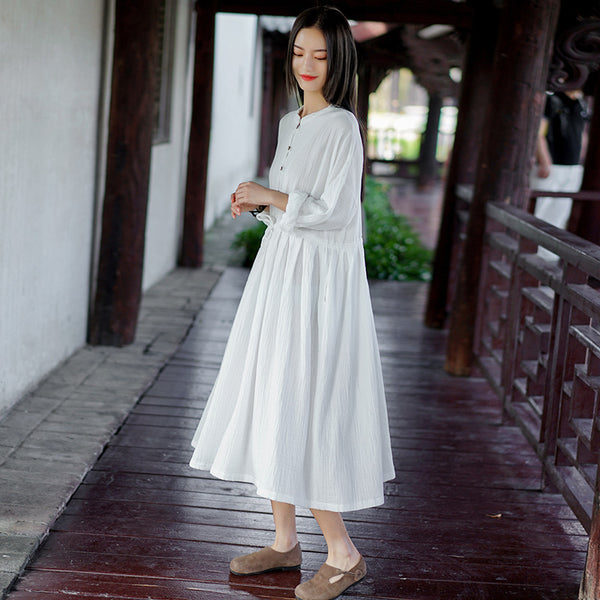 Women Loose Linen and Cotton Wrinkled Long Sleeves Midi Dress
