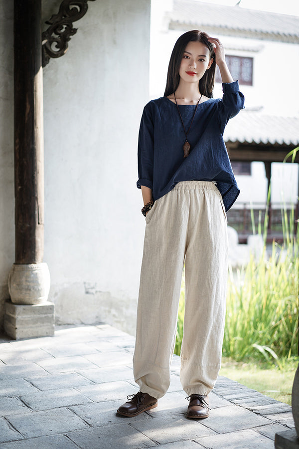 Women Retro Pure Color Linen and Cotton Lantern Pants