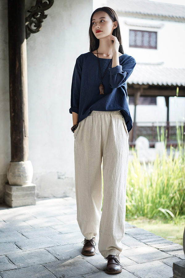 Women Retro Pure Color Linen and Cotton Lantern Pants