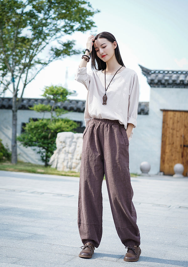 Women Retro Pure Color Linen and Cotton Lantern Pants