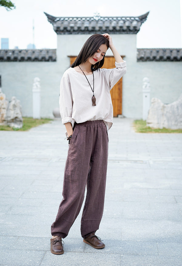 Women Retro Pure Color Linen and Cotton Lantern Pants