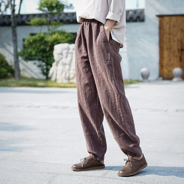 Women Retro Pure Color Linen and Cotton Lantern Pants