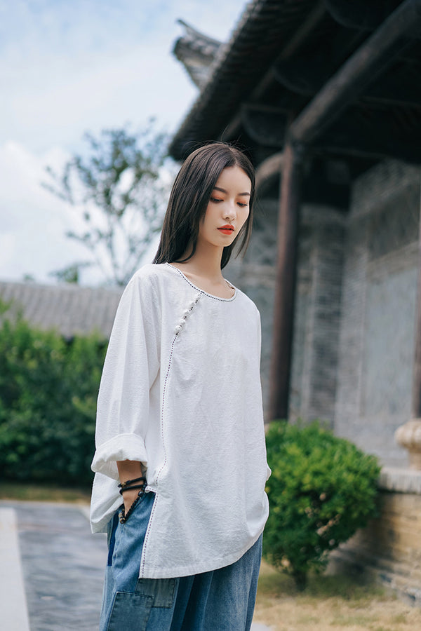 Women Retro Style Linen and Cotton Long Sleeves Light T-shirt